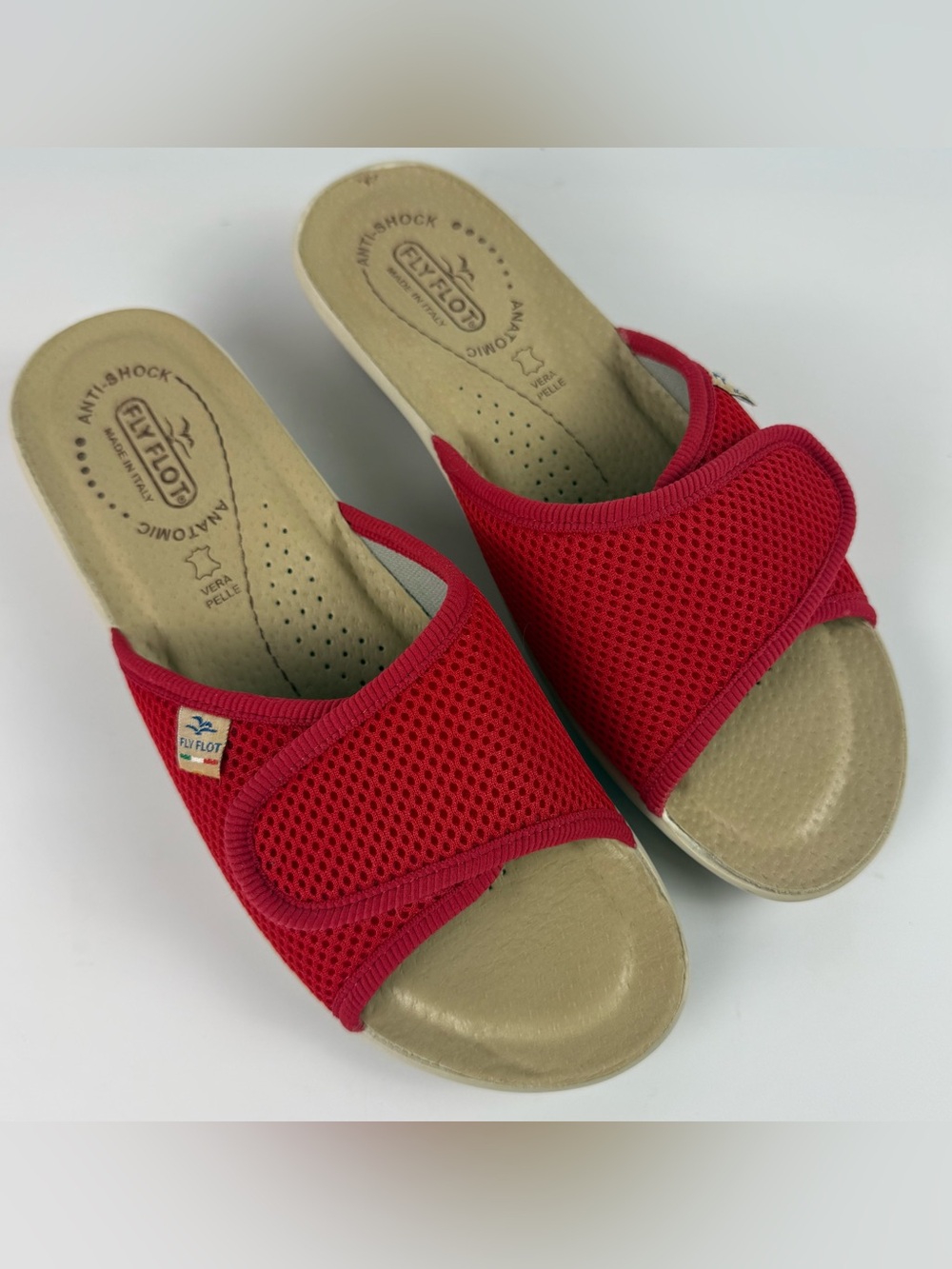Fly Flot Shoes Women's Sz US 8.5 EU 39 Mules Wedges Slip On Red Comfort Sandals